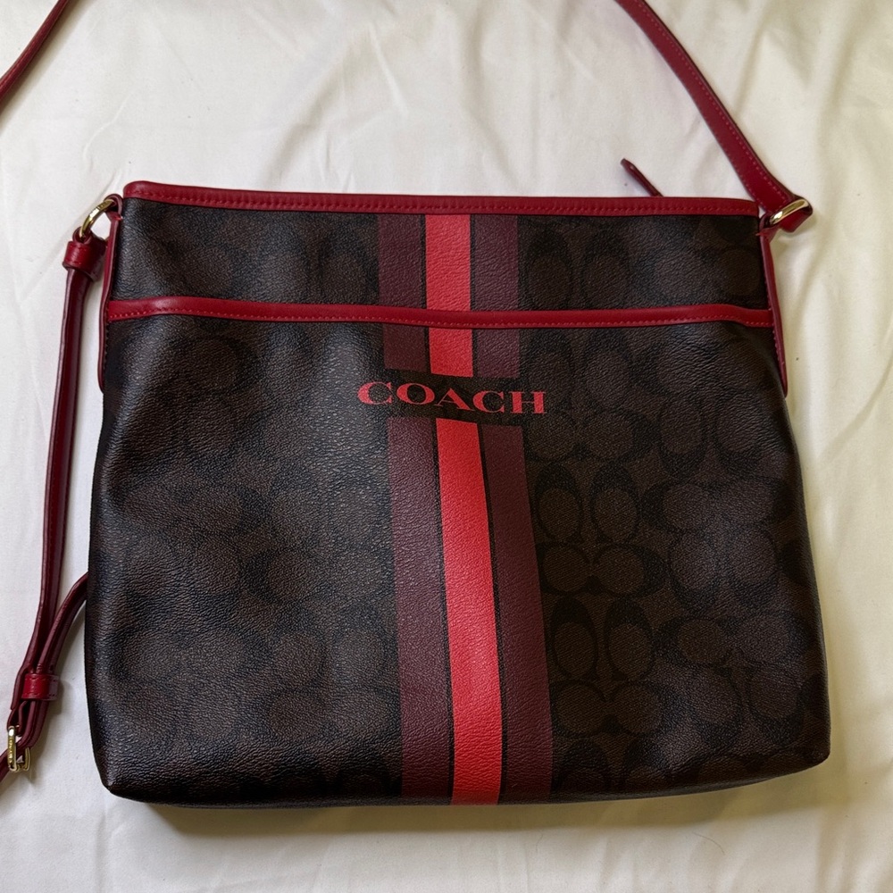 Coach Signature Monogram Crossbody Bag and Wallet Set Brown Red Stripe‎ - Picture 2 of 13